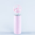 Pink water bottle with flip spout and drinking straw