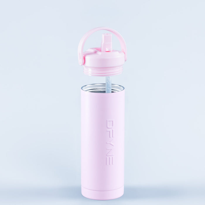 Pink water bottle with flip spout and drinking straw