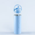 Light blue water bottle with flip-up lid and drinking spout
