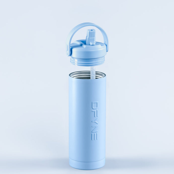 Light blue water bottle with flip-up lid and drinking spout